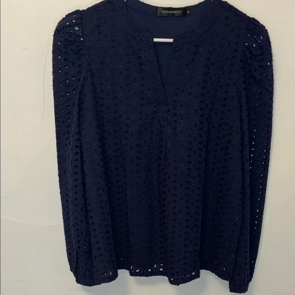 Merokeety Midnight Blue Eyelet Blouse Small
